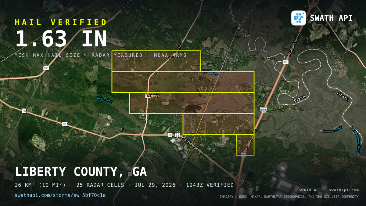 Storm card: 1.2–1.6" hail crossed Liberty County, GA — July 29, 2026
