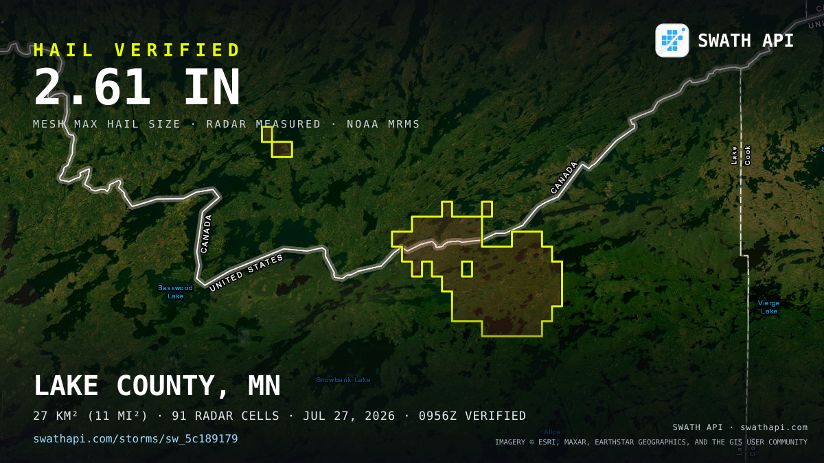 Storm card: 1.1–2.6" hail crossed Lake County, MN — July 27, 2026