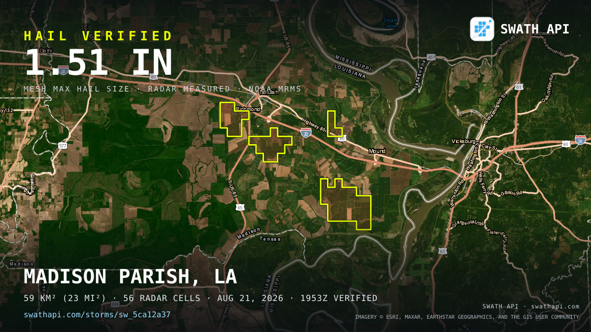 Storm card: 1.1–1.5" hail crossed Madison Parish, LA — August 21, 2026