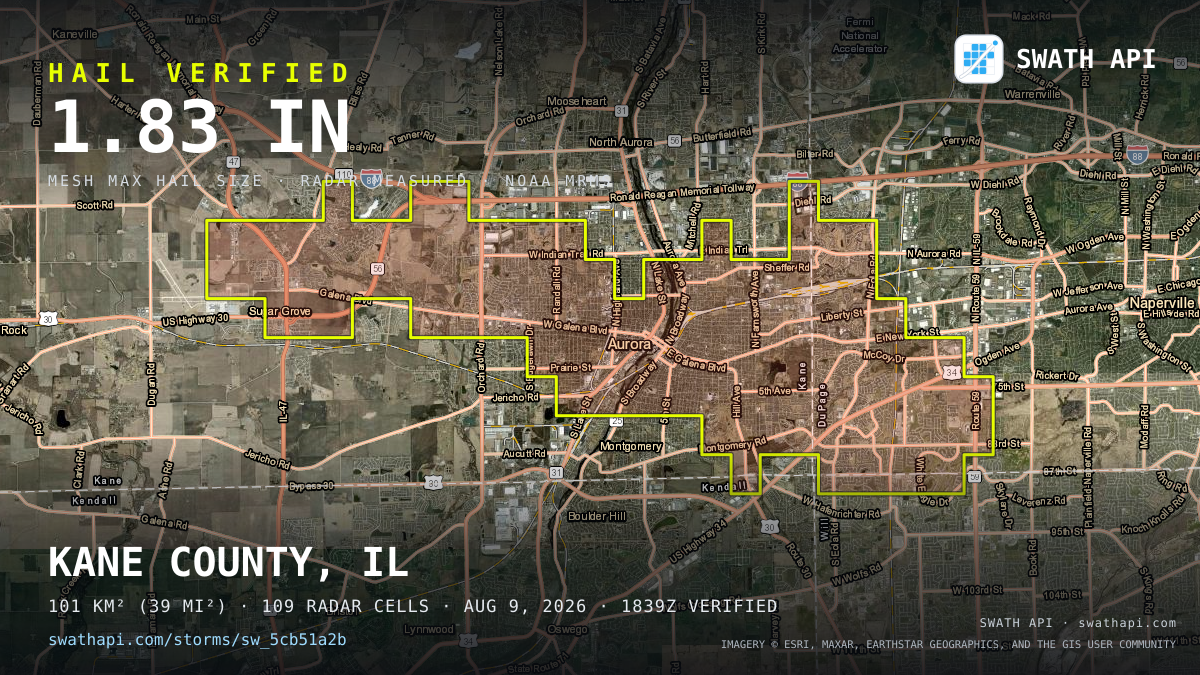 Storm card: 1–1.8" hail crossed Kane County, IL — August 9, 2026