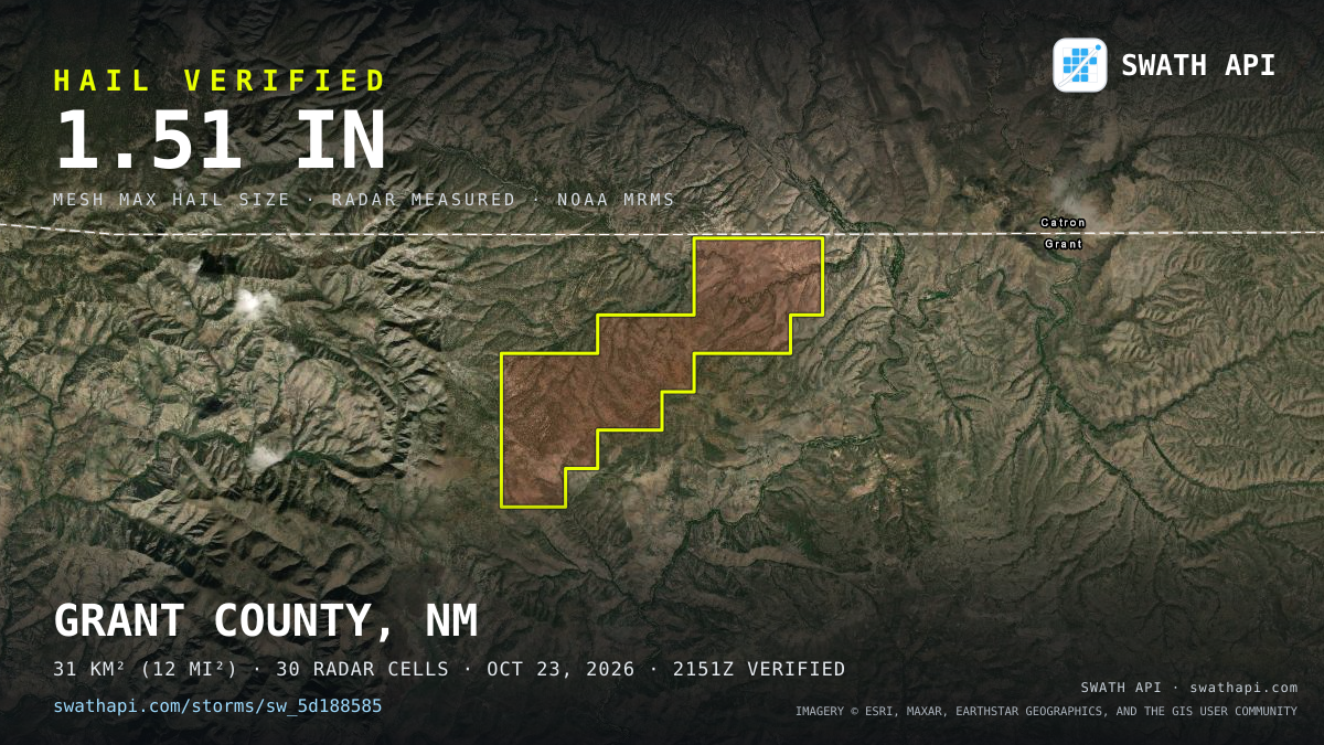 Storm card: 1.3–1.5" hail crossed Grant County, NM — October 23, 2026