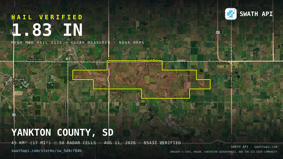 Storm card: 1.3–1.8" hail crossed Yankton County, SD — August 11, 2026