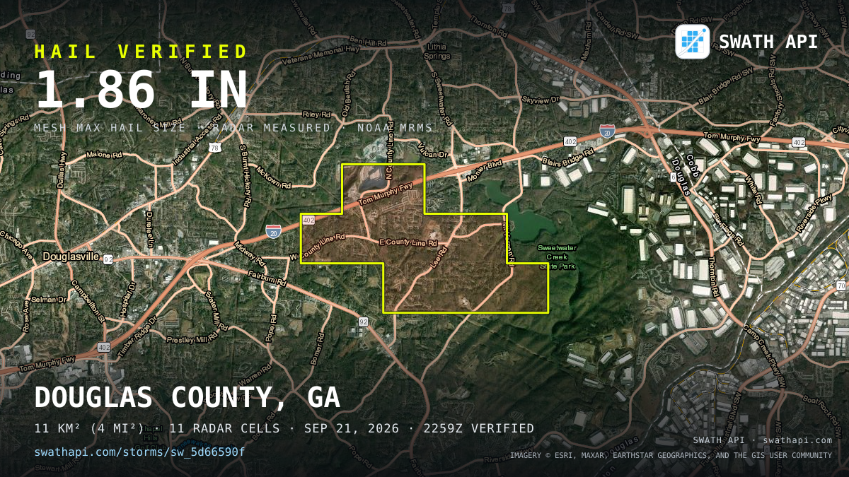 Storm card: 1.2–1.9" hail crossed Douglas County, GA — September 21, 2026