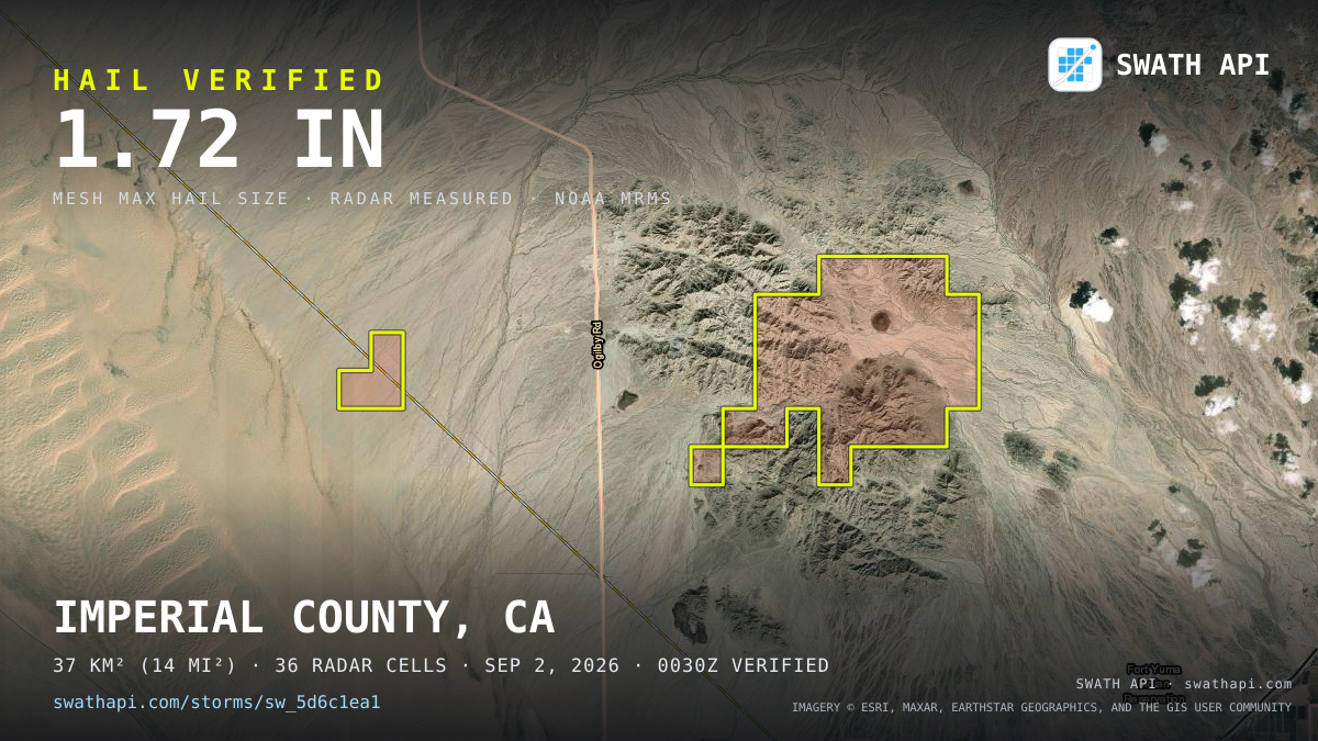 Storm card: 1.2–1.7" hail crossed Imperial County, CA — September 2, 2026