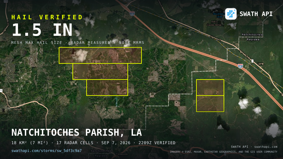 Storm card: 1.2–1.5" hail crossed Natchitoches Parish, LA — September 7, 2026