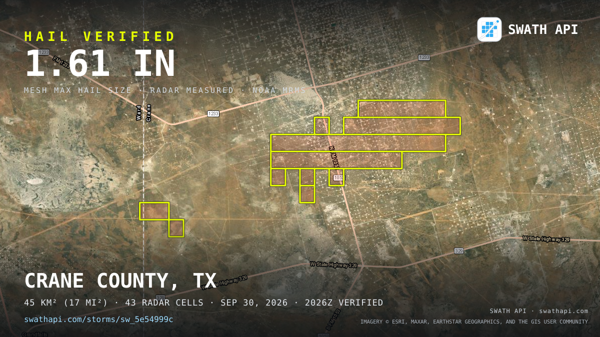 Storm card: 1.2–1.6" hail crossed Crane County, TX — September 30, 2026