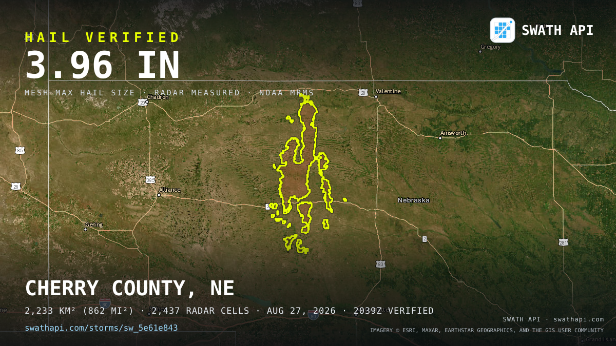 Storm card: 1.2–4" hail crossed Cherry County, NE — August 27, 2026