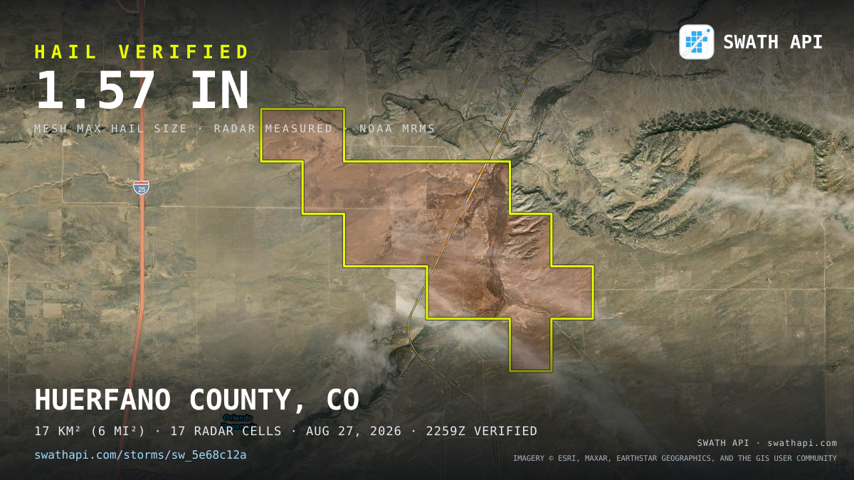 Storm card: 1.2–1.6" hail crossed Huerfano County, CO — August 27, 2026