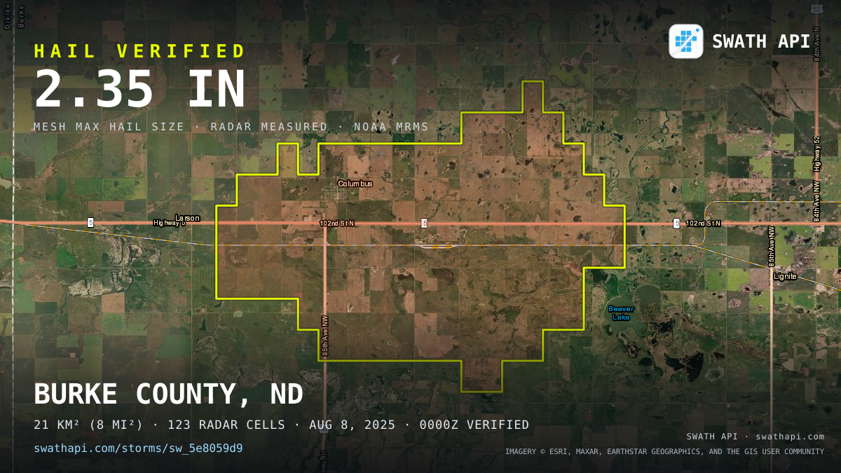 Storm card: 1.3–2.4" hail crossed Burke County, ND — August 8, 2025