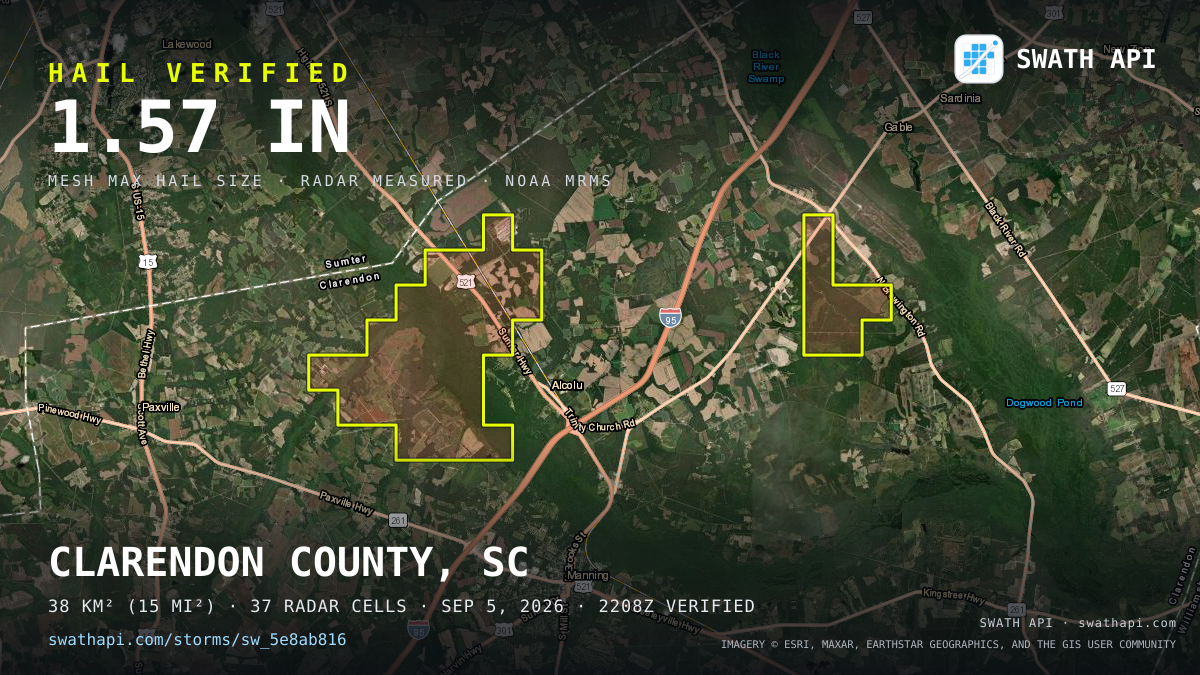 Storm card: 1.2–1.6" hail crossed Clarendon County, SC — September 5, 2026