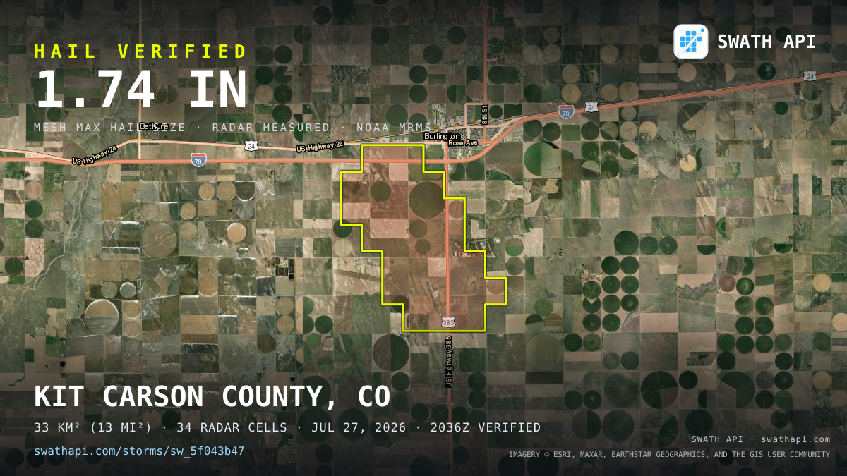 Storm card: 1.2–1.7" hail crossed Kit Carson County, CO — July 27, 2026