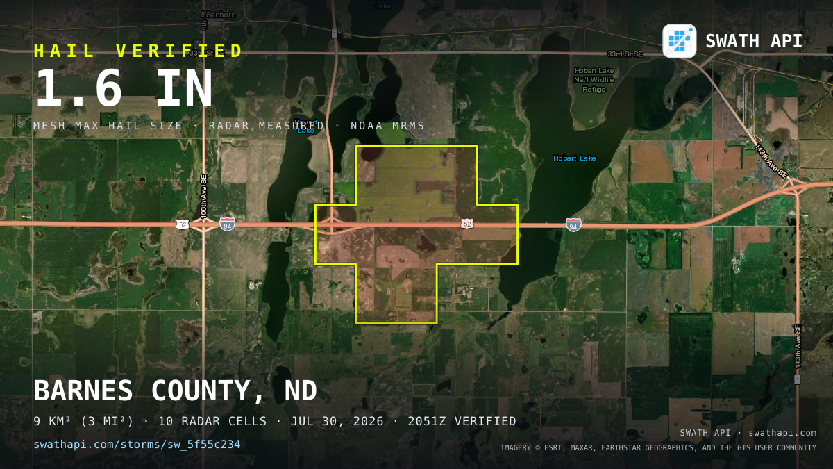 Storm card: 1.2–1.6" hail crossed Barnes County, ND — July 30, 2026