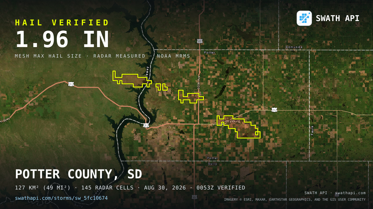Storm card: 1.2–2" hail crossed Potter County, SD — August 30, 2026