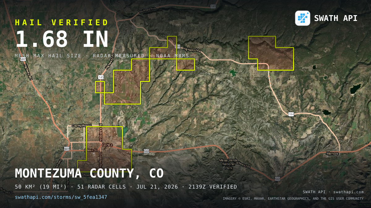 Storm card: 1.2–1.7" hail crossed Montezuma County, CO — July 21, 2026