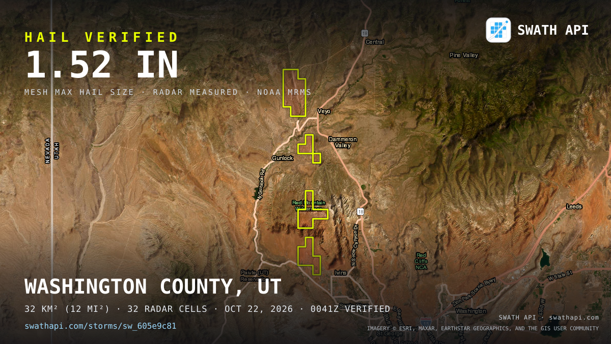 Storm card: 1.1–1.5" hail crossed Washington County, UT — October 22, 2026