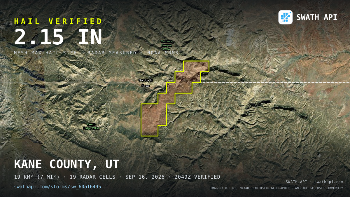 Storm card: 1.3–2.2" hail crossed Kane County, UT — September 16, 2026