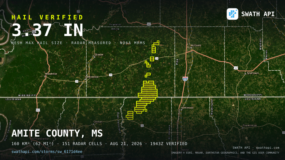 Storm card: 1.2–3.4" hail crossed Amite County, MS — August 21, 2026