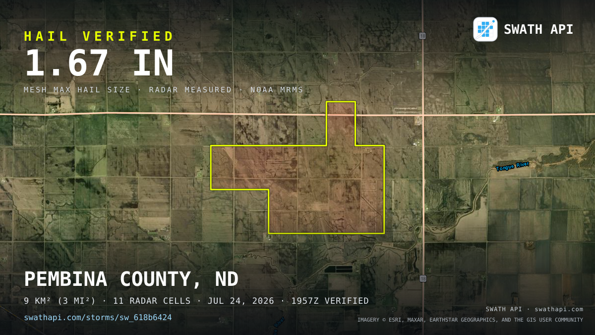 Storm card: 1.3–1.7" hail crossed Pembina County, ND — July 24, 2026