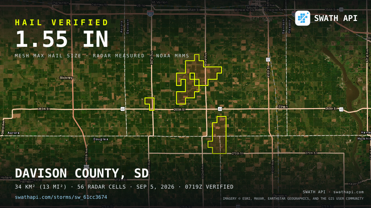 Storm card: 1.1–1.6" hail crossed Davison County, SD — September 5, 2026