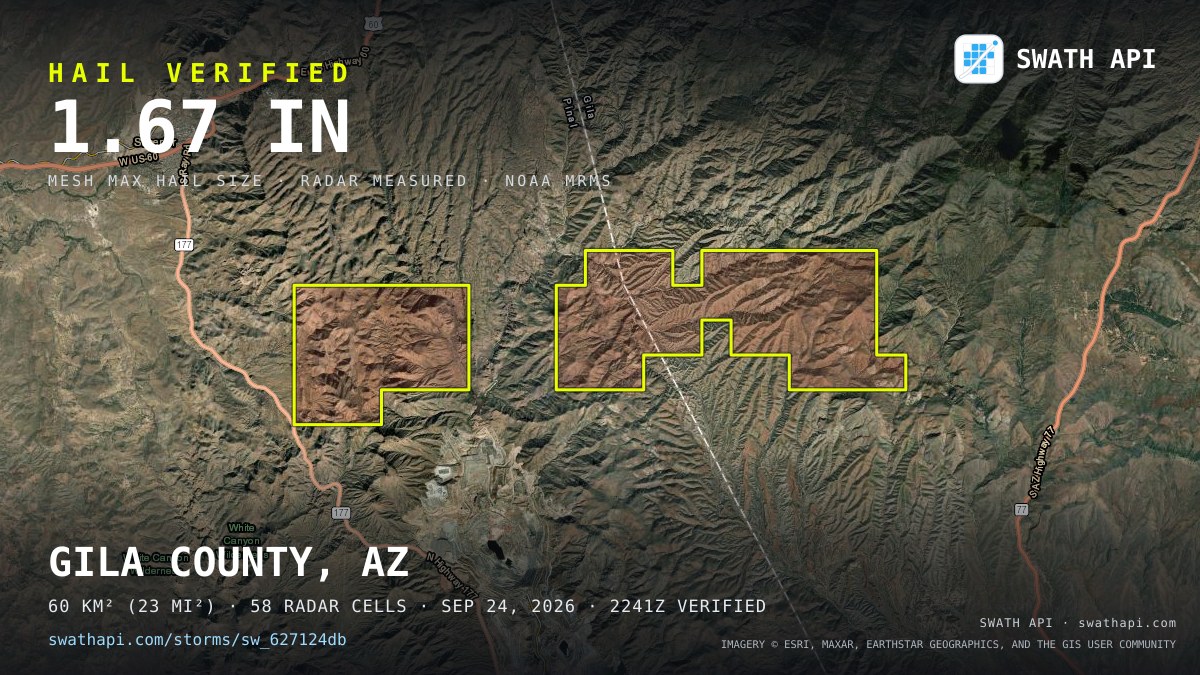 Storm card: 1.2–1.7" hail crossed Pinal County, AZ — September 24, 2026