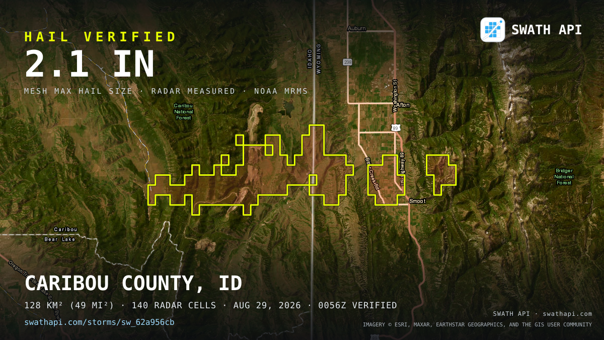Storm card: 1.2–2.1" hail crossed Caribou County, ID — August 29, 2026