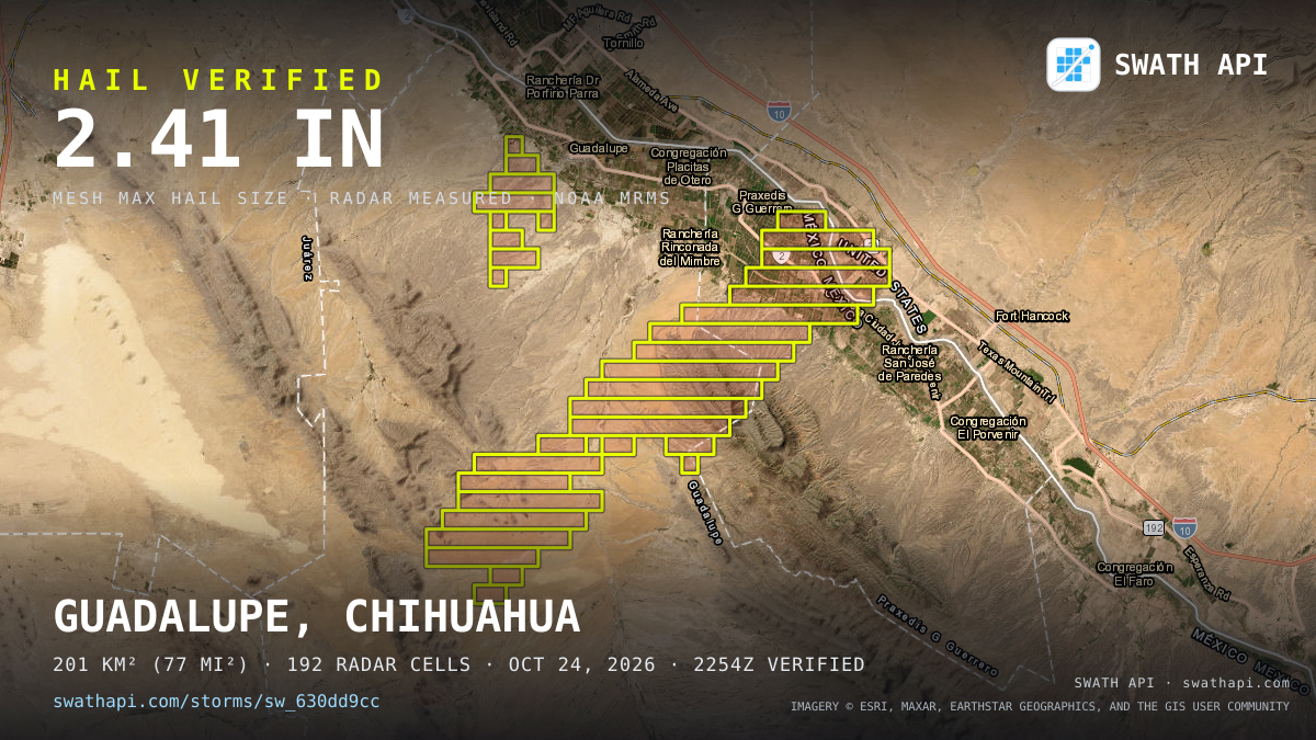 Storm card: 1.4–2.9" hail verified near 31.34, -105.97 — October 24, 2026