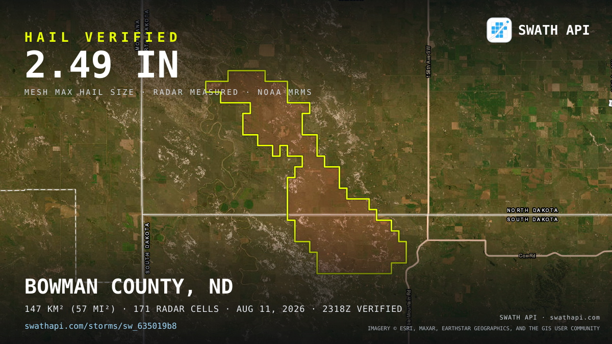 Storm card: 1.2–2.5" hail crossed Bowman County, ND — August 11, 2026