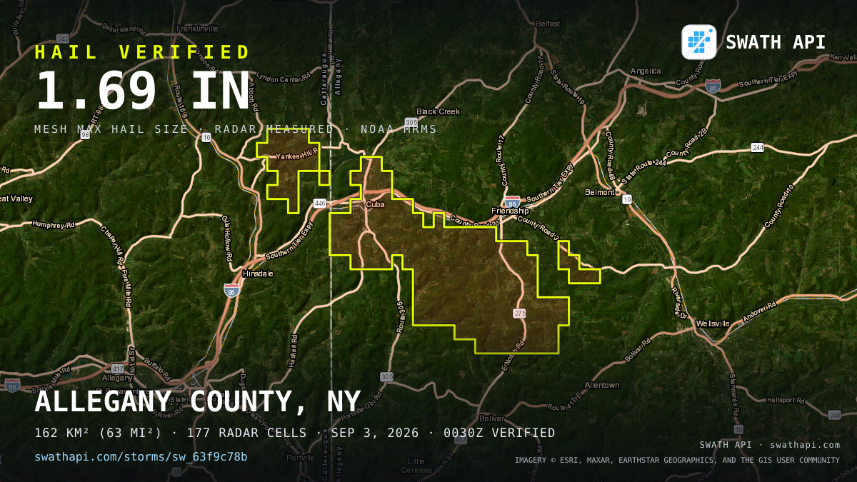 Storm card: 1.2–1.7" hail crossed Allegany County, NY — September 3, 2026