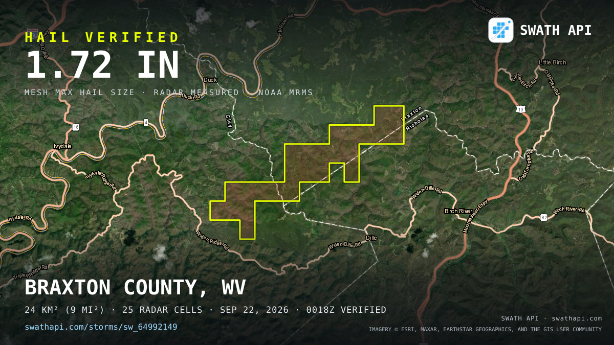 Storm card: 1.1–1.7" hail crossed Braxton County, WV — September 22, 2026