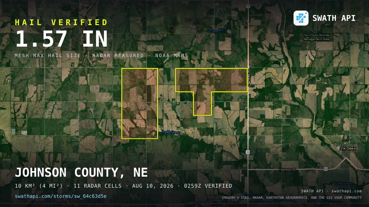 Storm card: 1.2–1.6" hail crossed Johnson County, NE — August 10, 2026