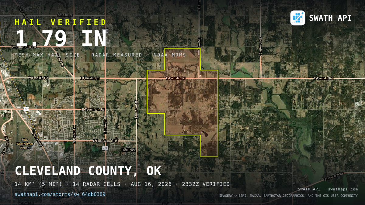Storm card: 1.2–1.8" hail crossed Cleveland County, OK — August 16, 2026