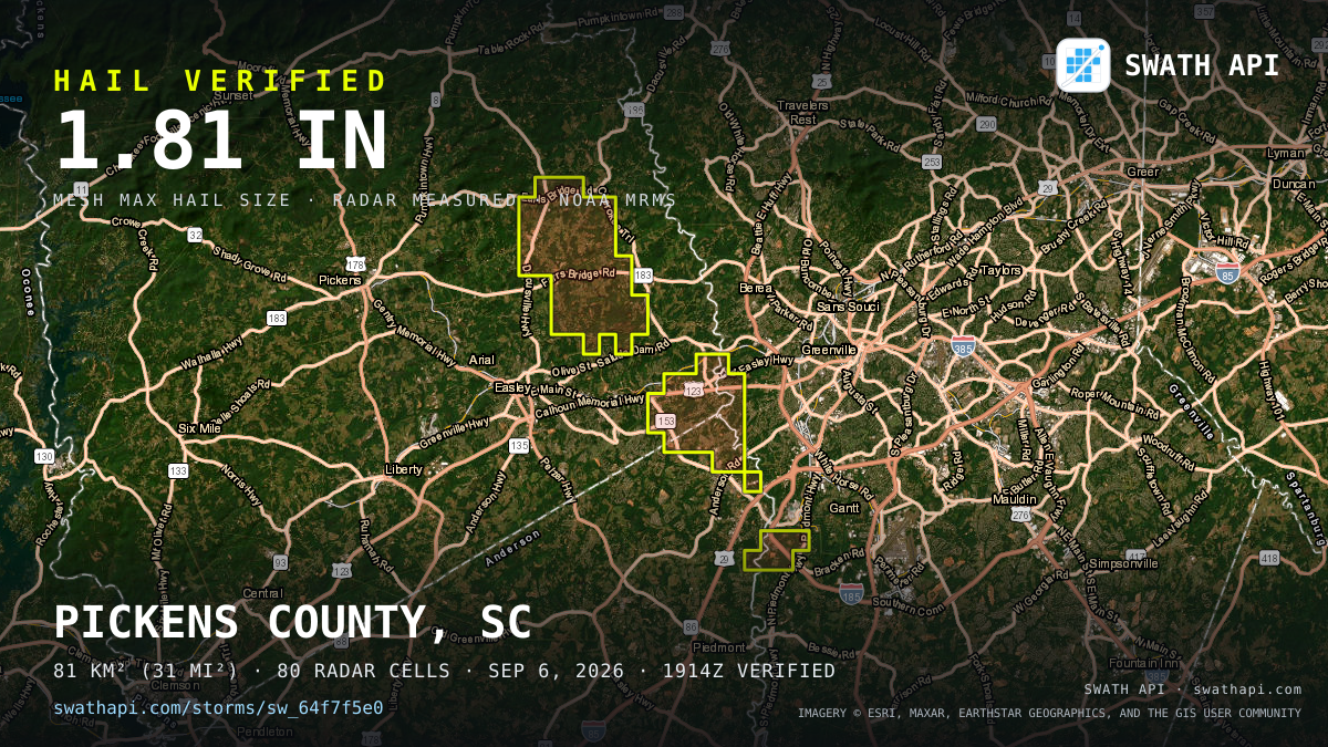 Storm card: 1.1–1.8" hail crossed Pickens County, SC — September 6, 2026