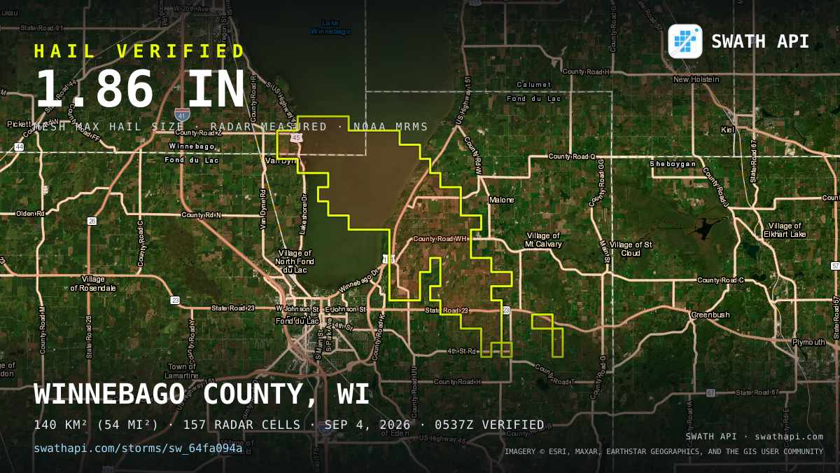 Storm card: 1–1.9" hail crossed Fond du Lac County, WI — September 4, 2026