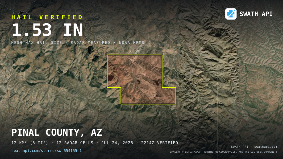 Storm card: 1.2–1.5" hail crossed Pinal County, AZ — July 24, 2026