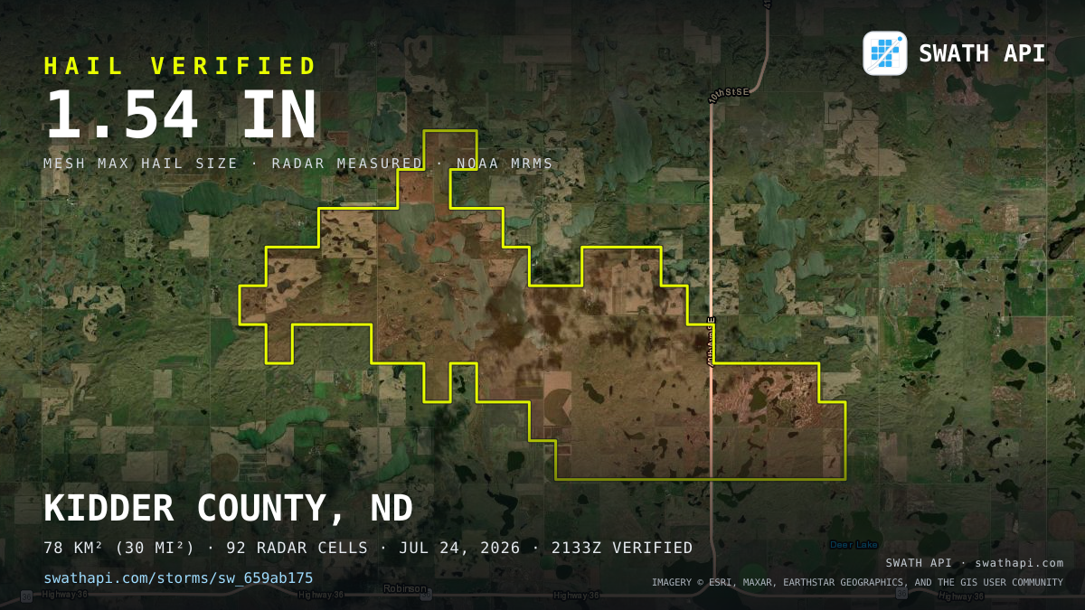 Storm card: 1.1–1.5" hail crossed Kidder County, ND — July 24, 2026