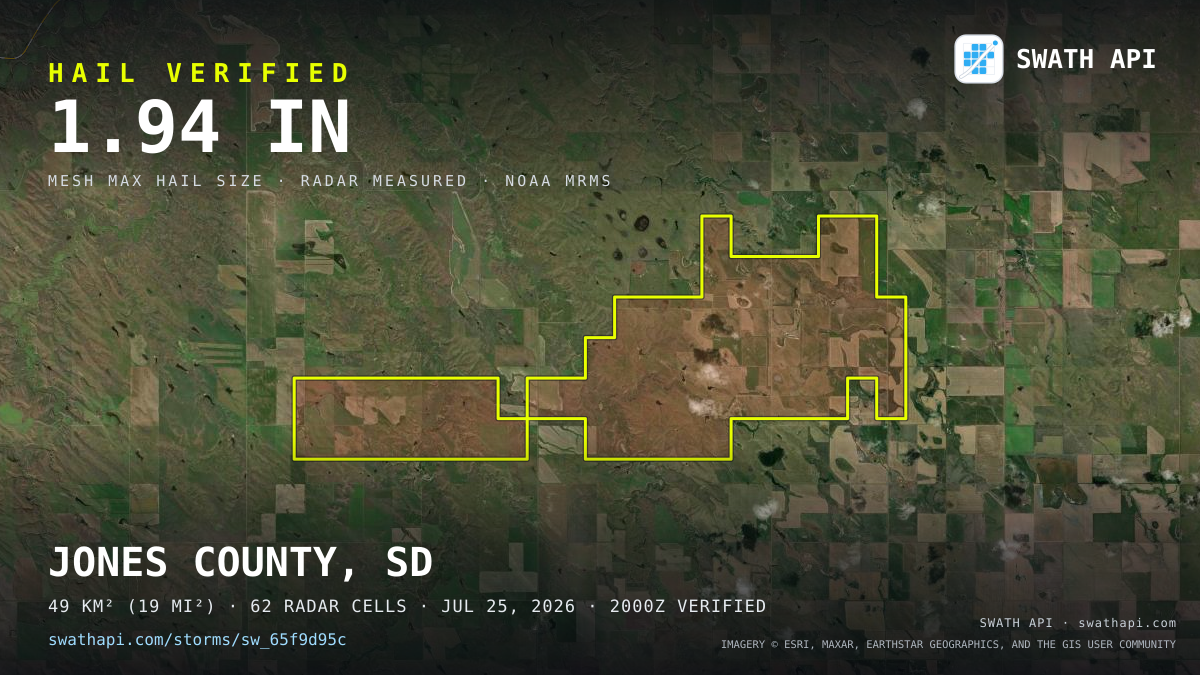 Storm card: 1.3–3.3" hail crossed Stanley County, SD — July 25, 2026