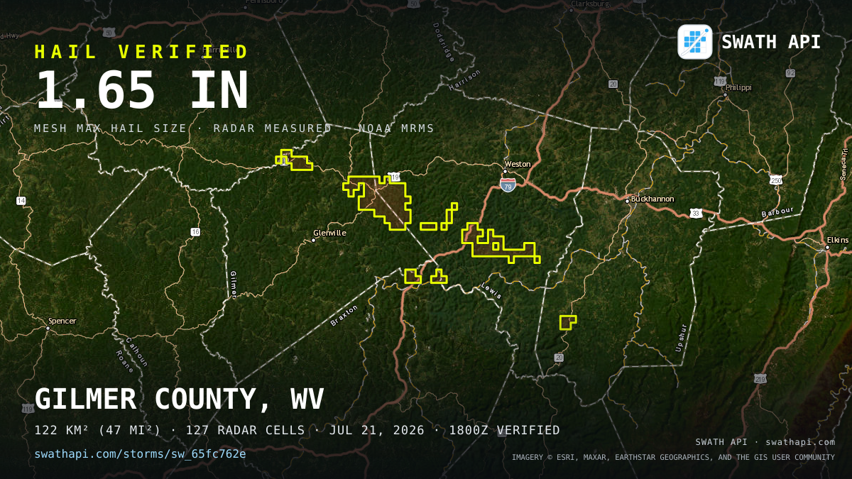 Storm card: 1.3–1.7" hail crossed Lewis County, WV — July 21, 2026