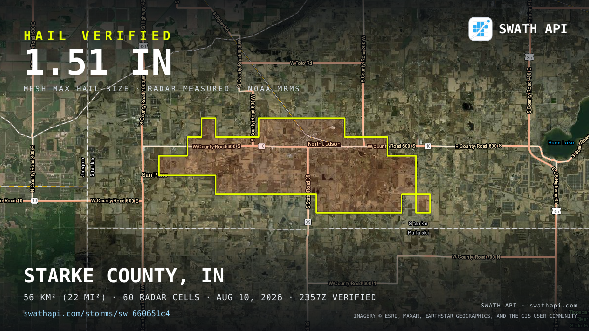 Storm card: 1.2–1.5" hail crossed Starke County, IN — August 10, 2026