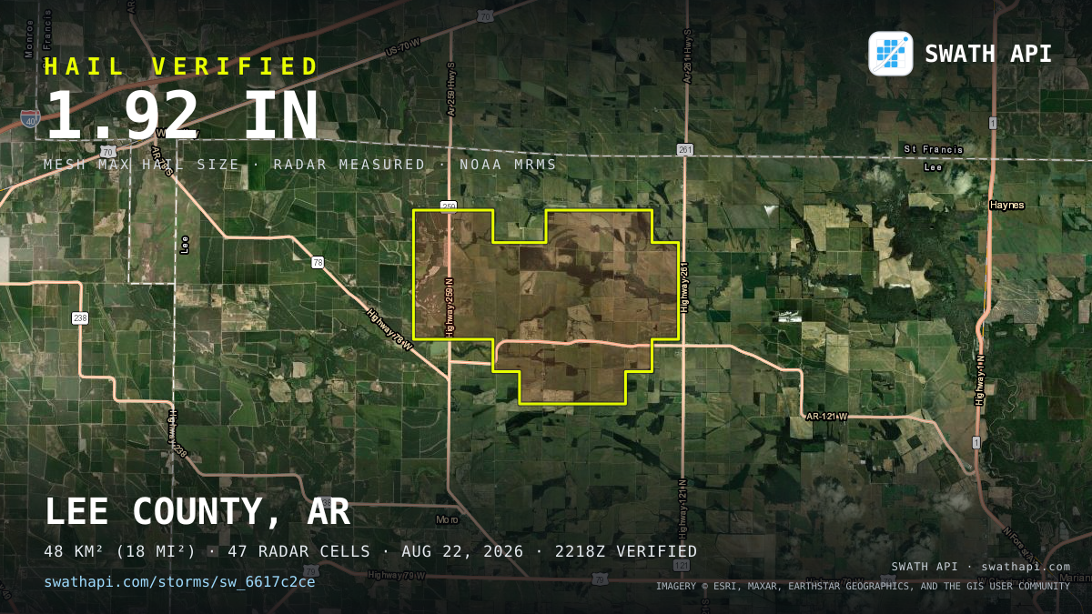Storm card: 1.3–1.9" hail crossed Lee County, AR — August 22, 2026