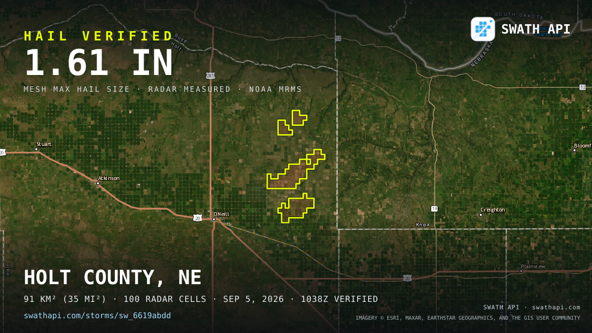 Storm card: 1.1–1.6" hail crossed Holt County, NE — September 5, 2026