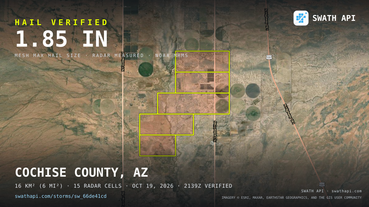 Storm card: 1.3–1.9" hail crossed Cochise County, AZ — October 19, 2026