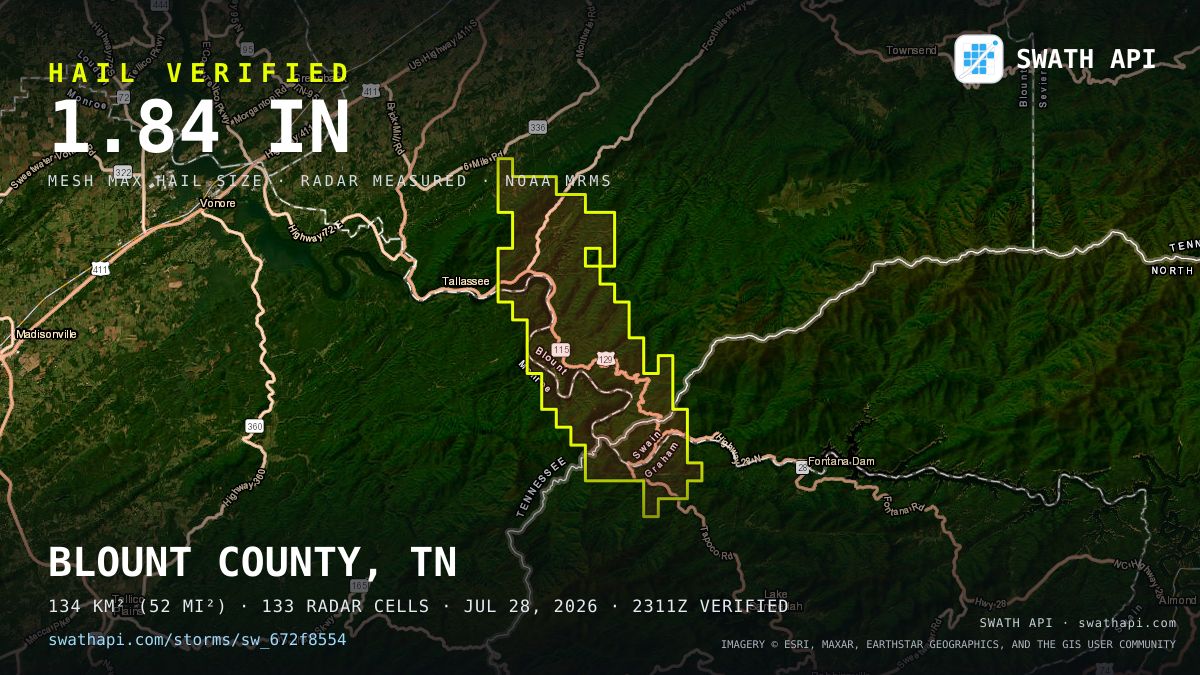 Storm card: 1.1–1.8" hail crossed Blount County, TN — July 28, 2026