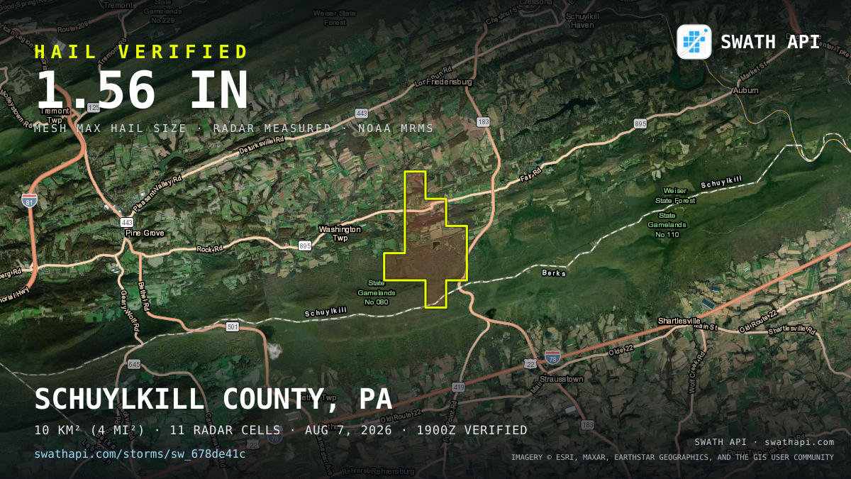 Storm card: 1.3–1.6" hail crossed Schuylkill County, PA — August 7, 2026