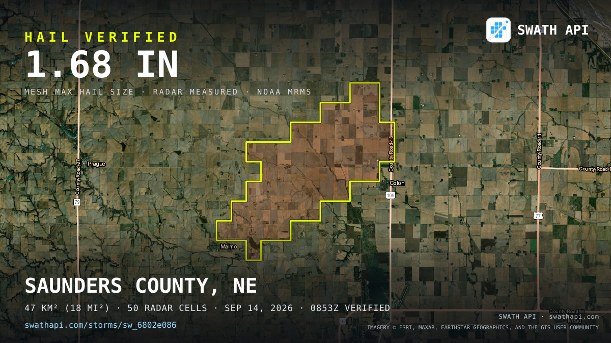 Storm card: 1.1–1.7" hail crossed Saunders County, NE — September 14, 2026