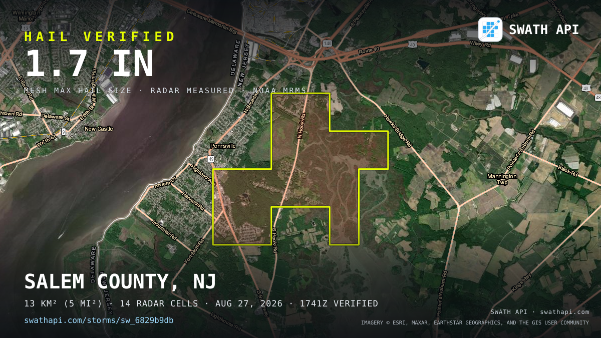 Storm card: 1.2–1.7" hail crossed Salem County, NJ — August 27, 2026