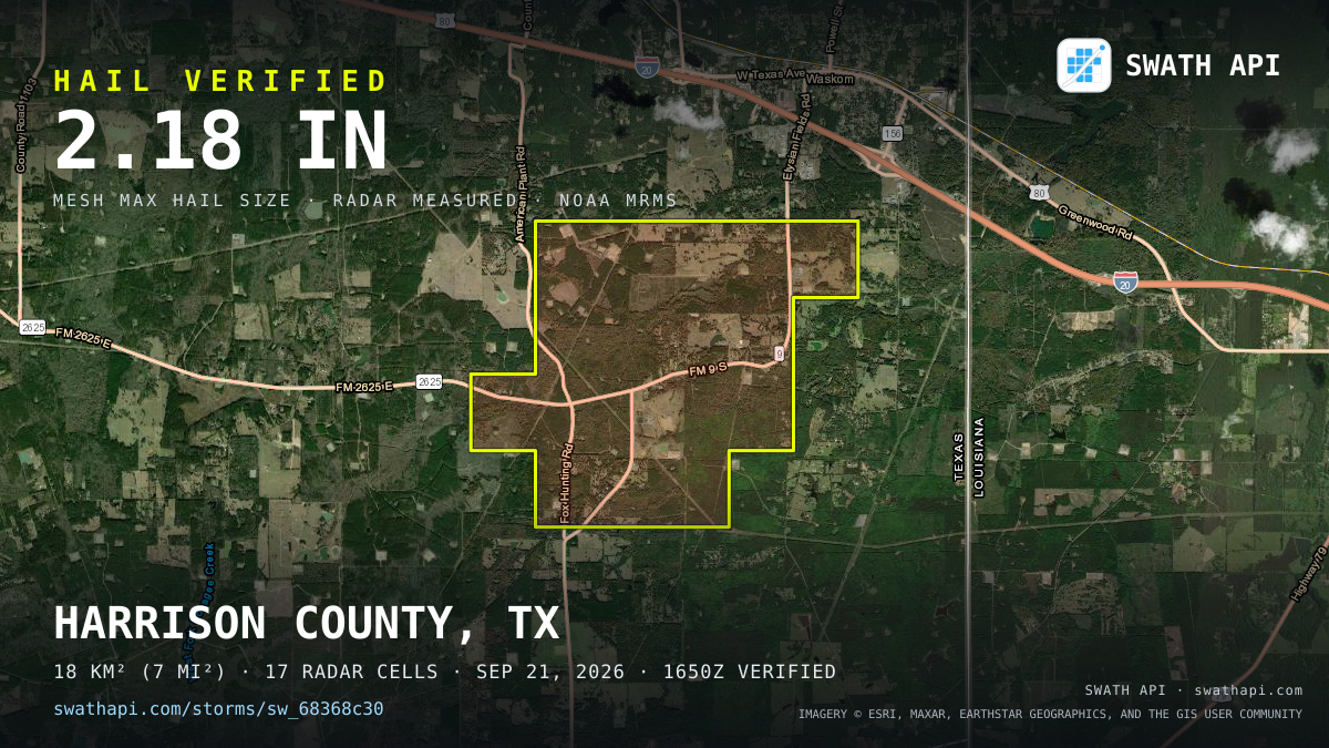 Storm card: 1.2–2.4" hail crossed Harrison County, TX — September 21, 2026