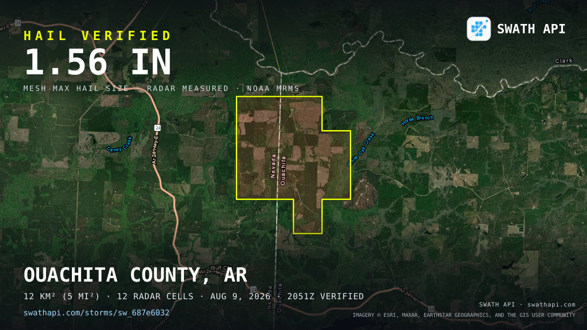 Storm card: 1.2–1.6" hail crossed Ouachita County, AR — August 9, 2026