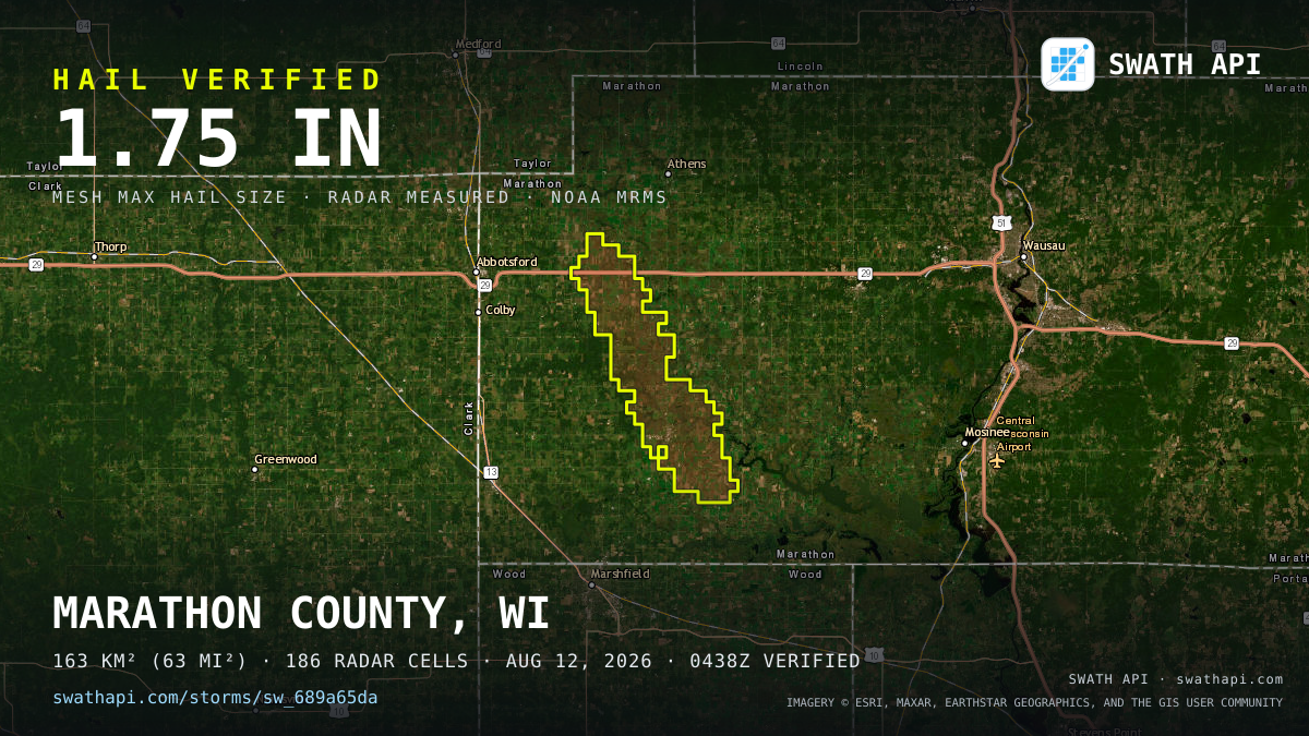 Storm card: 1.1–1.8" hail crossed Marathon County, WI — August 12, 2026