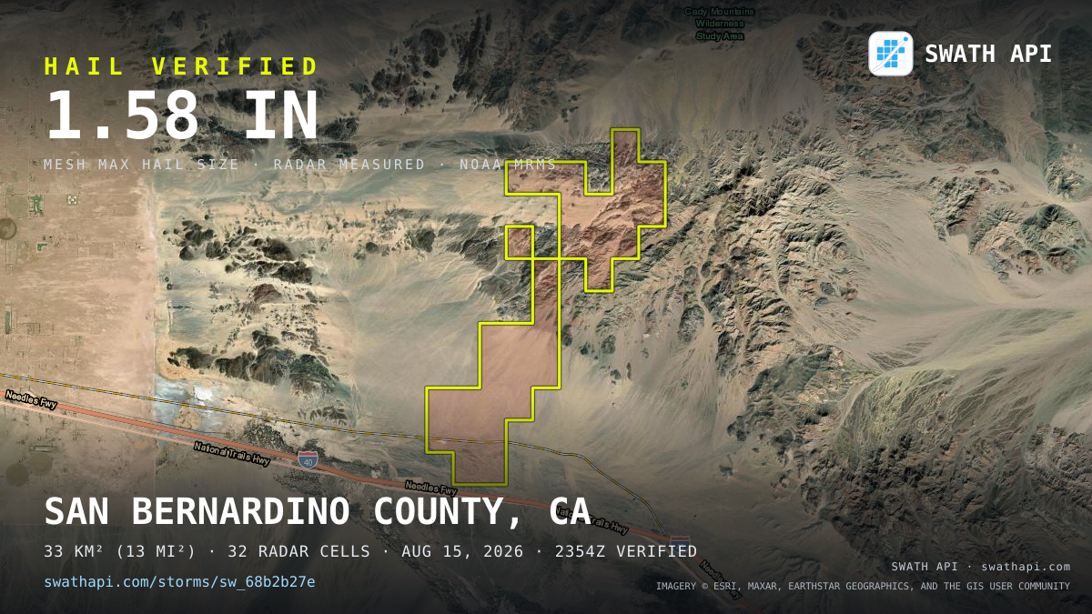 Storm card: 1.1–1.6" hail crossed San Bernardino County, CA — August 15, 2026