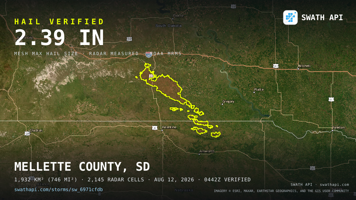 Storm card: 1.1–2.4" hail crossed Todd County, SD — August 12, 2026